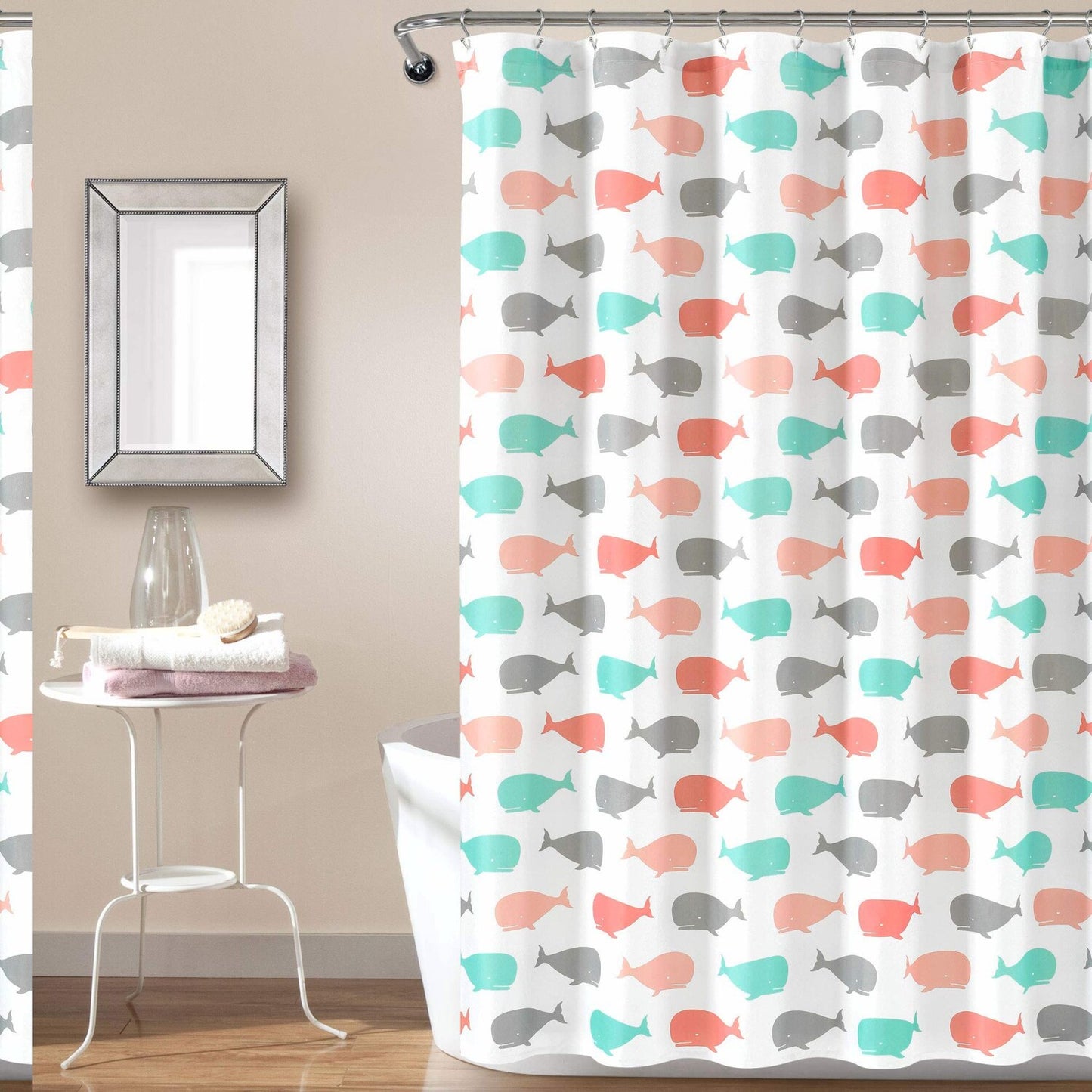 Whale Shower Curtain Fabric Ocean Fish 72x72 Pink Aqua