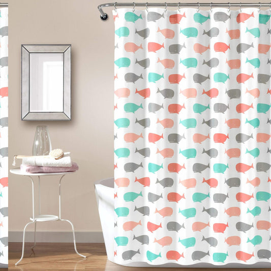 Whale Shower Curtain Fabric Ocean Fish 72x72 Pink Aqua