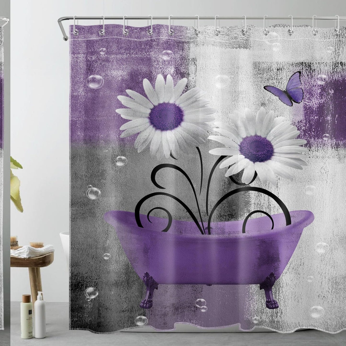 Purple Floral Shower Curtain Set with Hooks