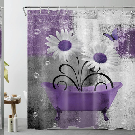 Purple Floral Shower Curtain Set with Hooks