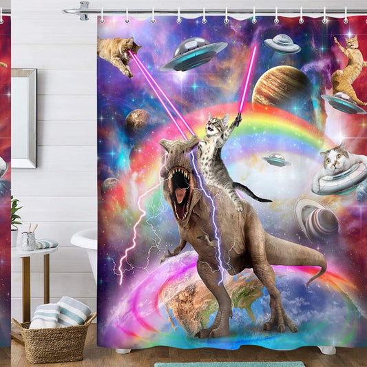 Funny Cat Dinosaur Galaxy Shower Curtain 70x70 with Hooks