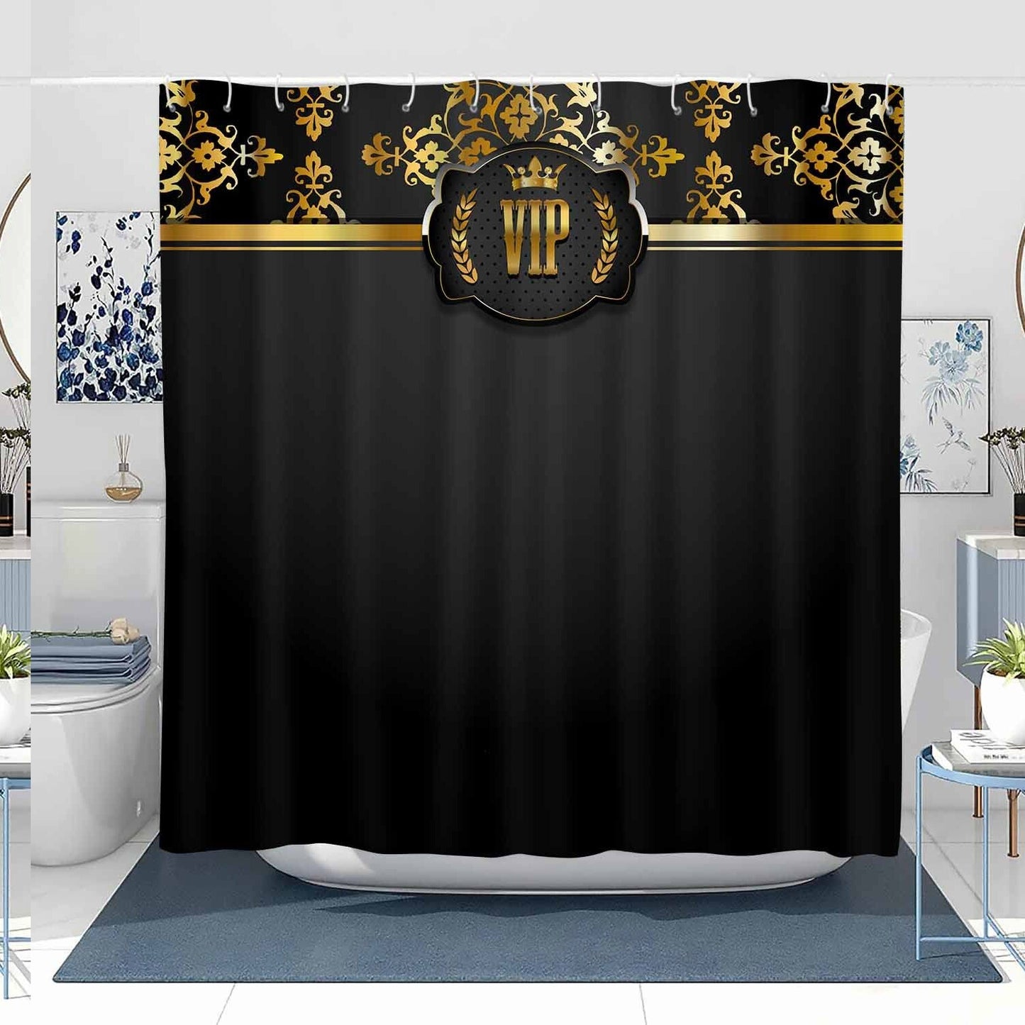 Black Shower Curtain with Gold Crown Victorian Motifs 72 x 78 Inches