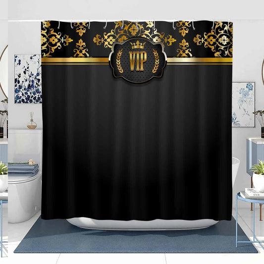 Black Shower Curtain with Gold Crown Victorian Motifs 72 x 78 Inches