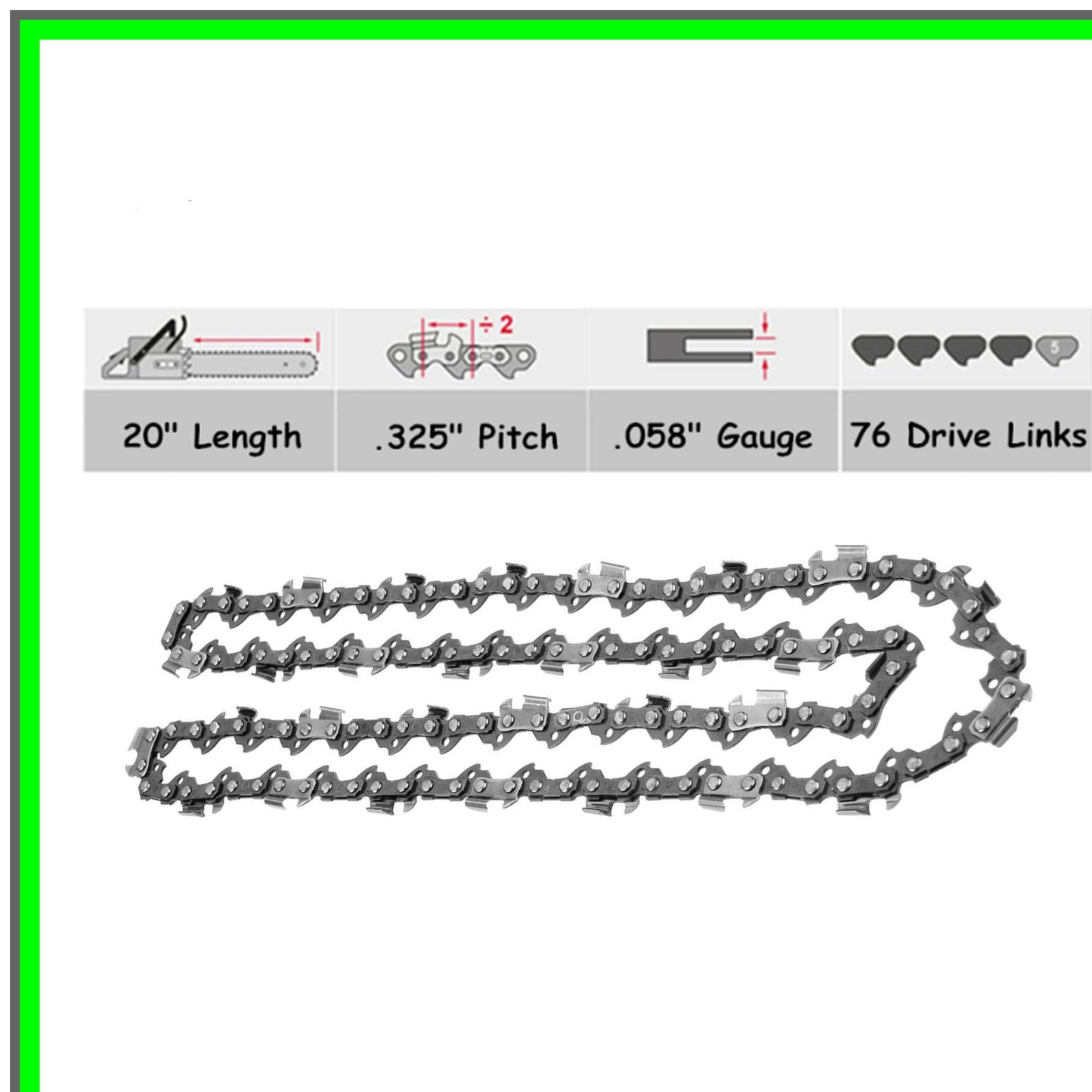 20-Inch Replacement Chainsaw Chain 325 Pitch 058 Gauge 76 Links Compatible with Stihl Husqvarna Poulan