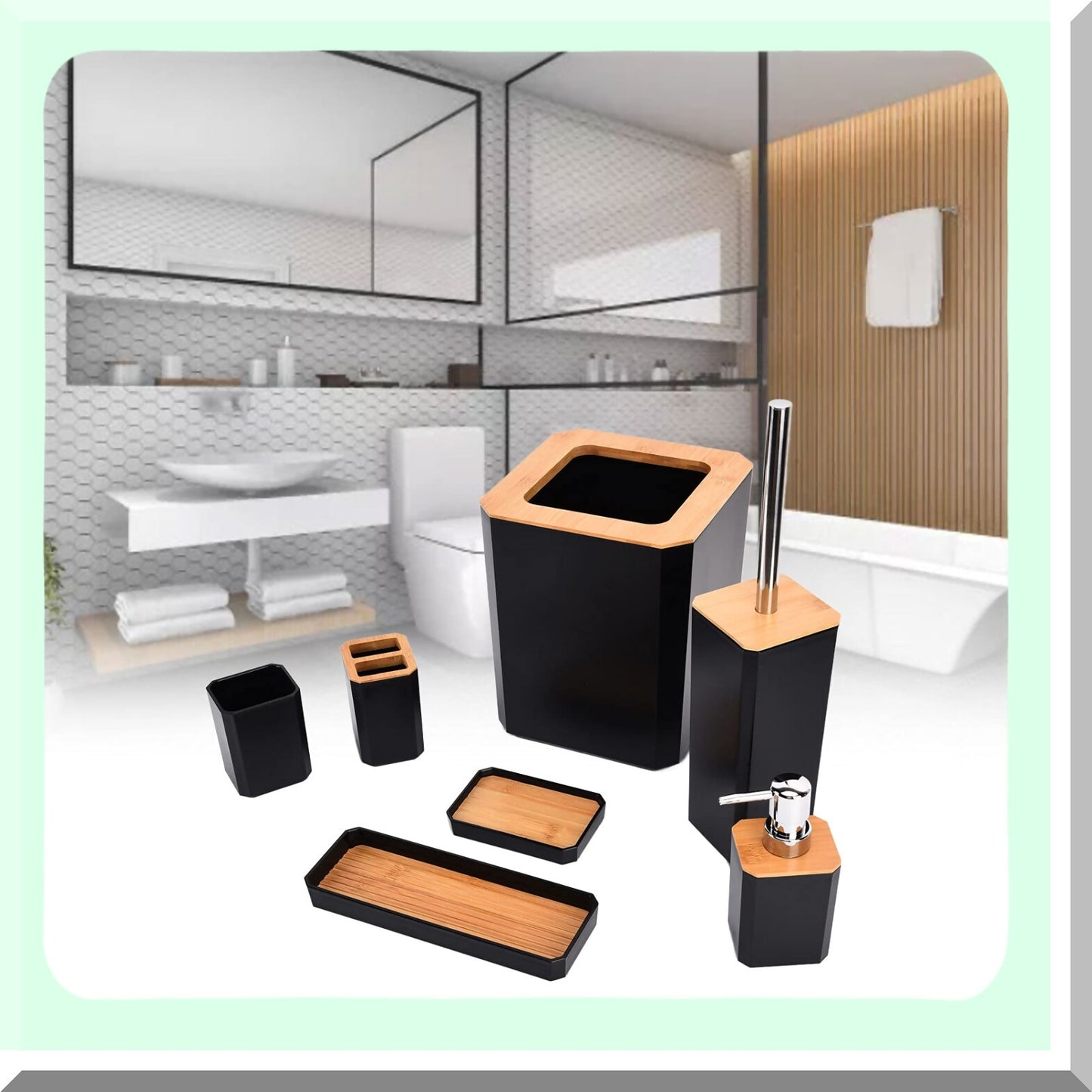 7Pcs Black Bamboo Bathroom Accessories Set