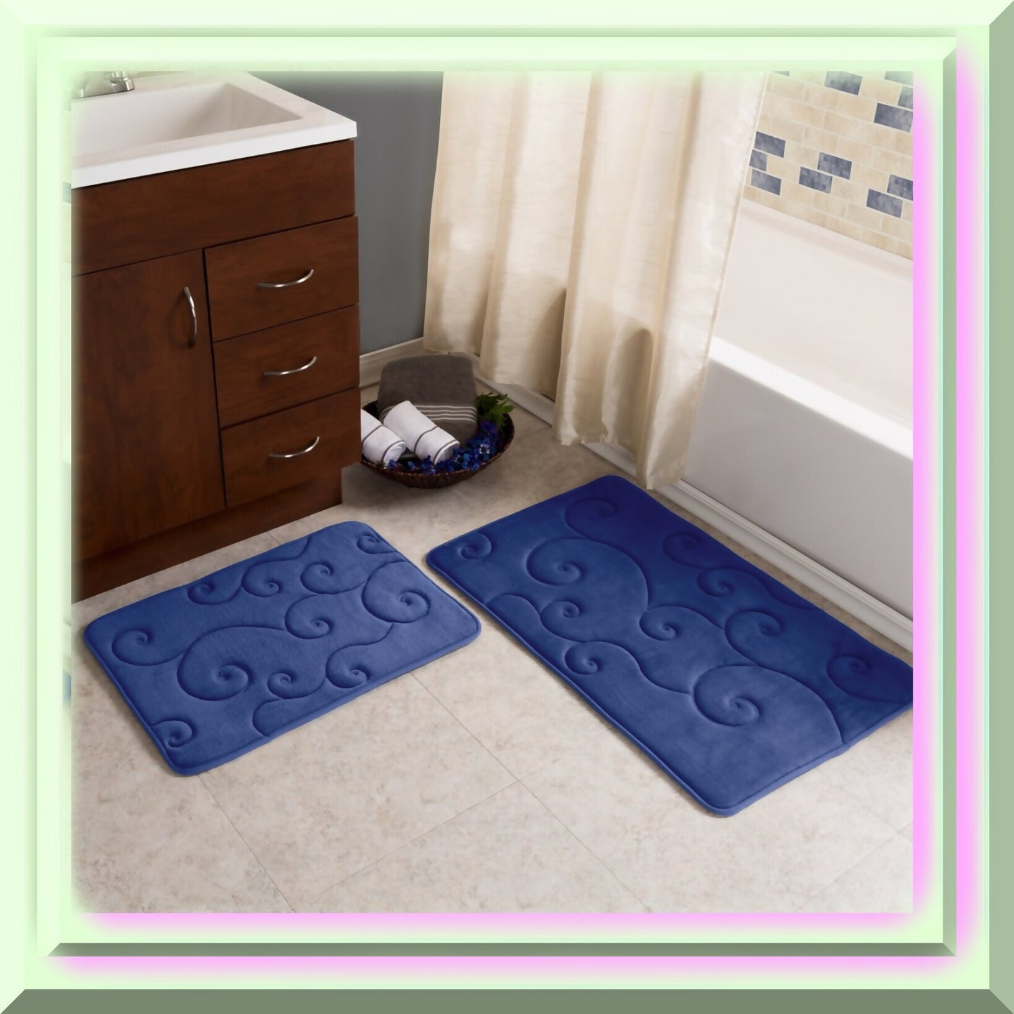 2 pc Navy Coral Fleece Memory Foam Bath Mat Set