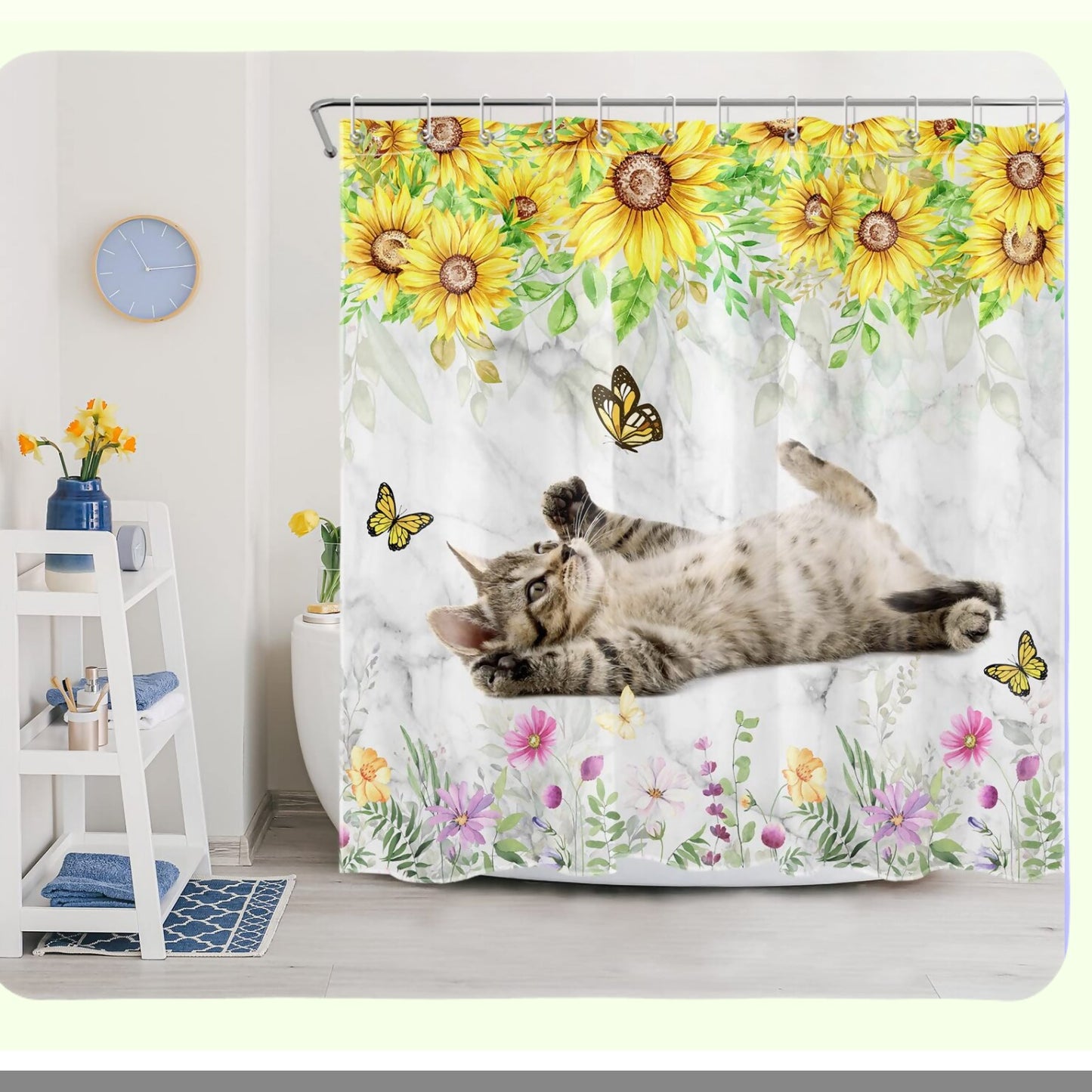 Cat Sunflower Shower Curtain Grey Marble Polyester Fabric 72x72 Inches