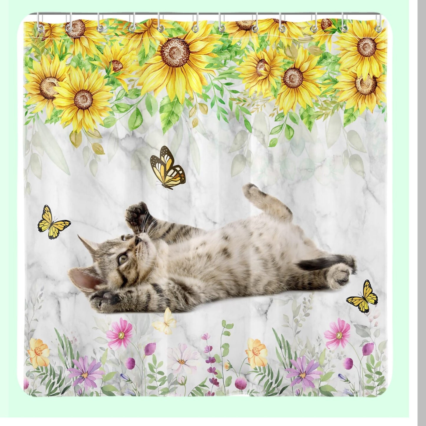 Cat Sunflower Shower Curtain Grey Marble Polyester Fabric 72x72 Inches