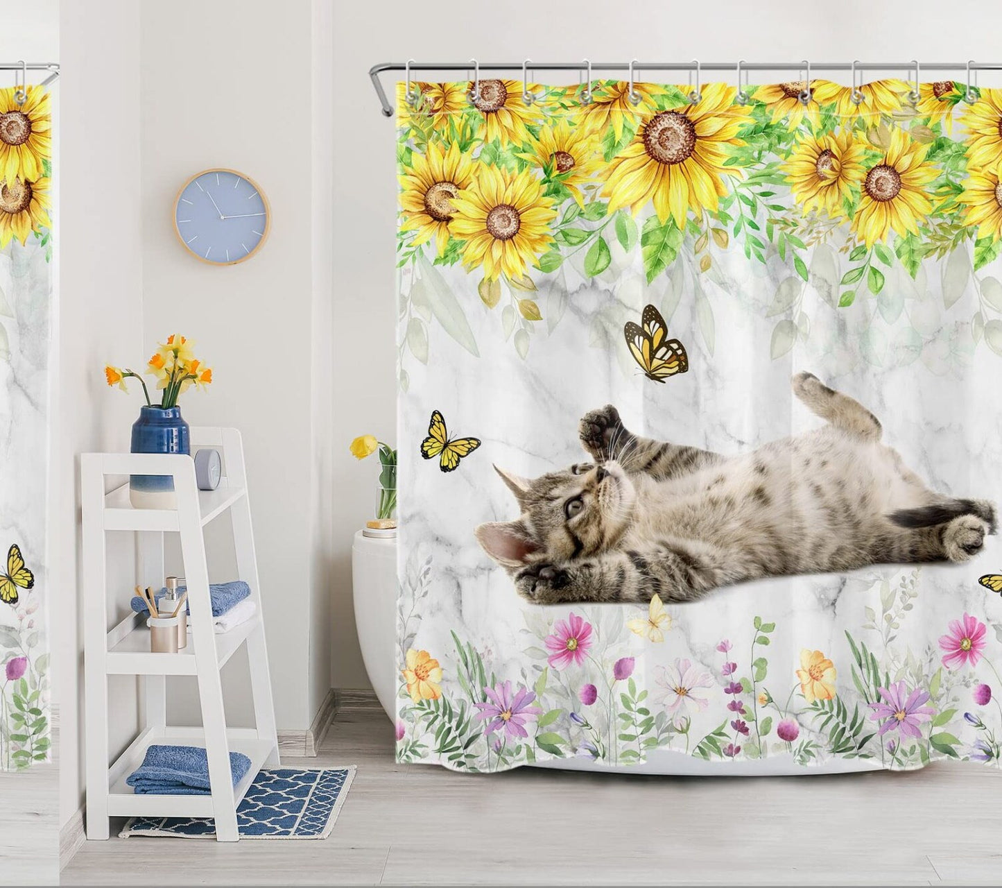 Cat Sunflower Shower Curtain Grey Marble Polyester Fabric 72x72 Inches