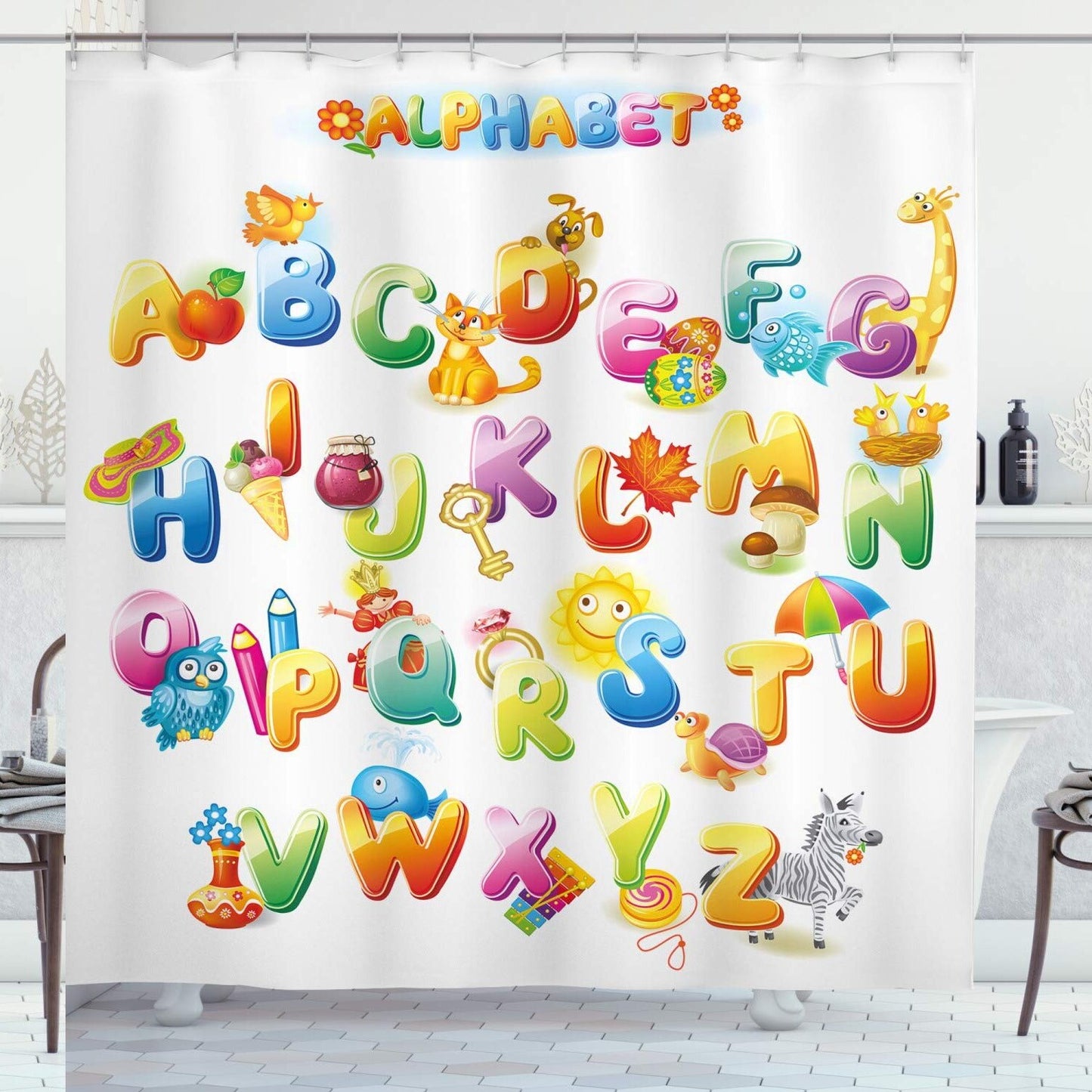 Science Cartoon Alphabet Shower Curtain 70 Inch Multicolor