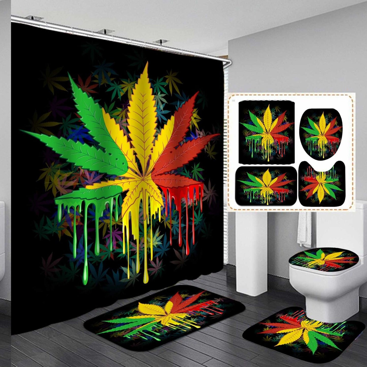 4PCS Leaf Shower Curtain Set with Bath Rugs