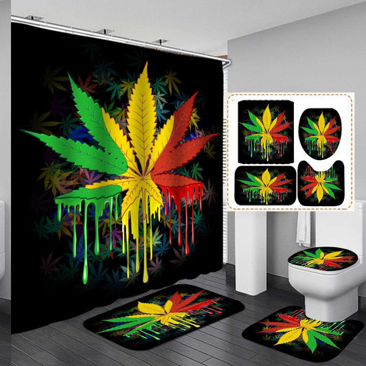 4PCS Leaf Shower Curtain Set with Bath Rugs