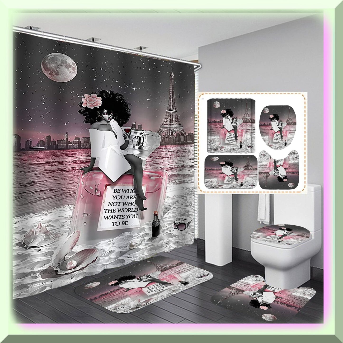 Black Girl Shower Curtain Set with Rugs and Hooks
