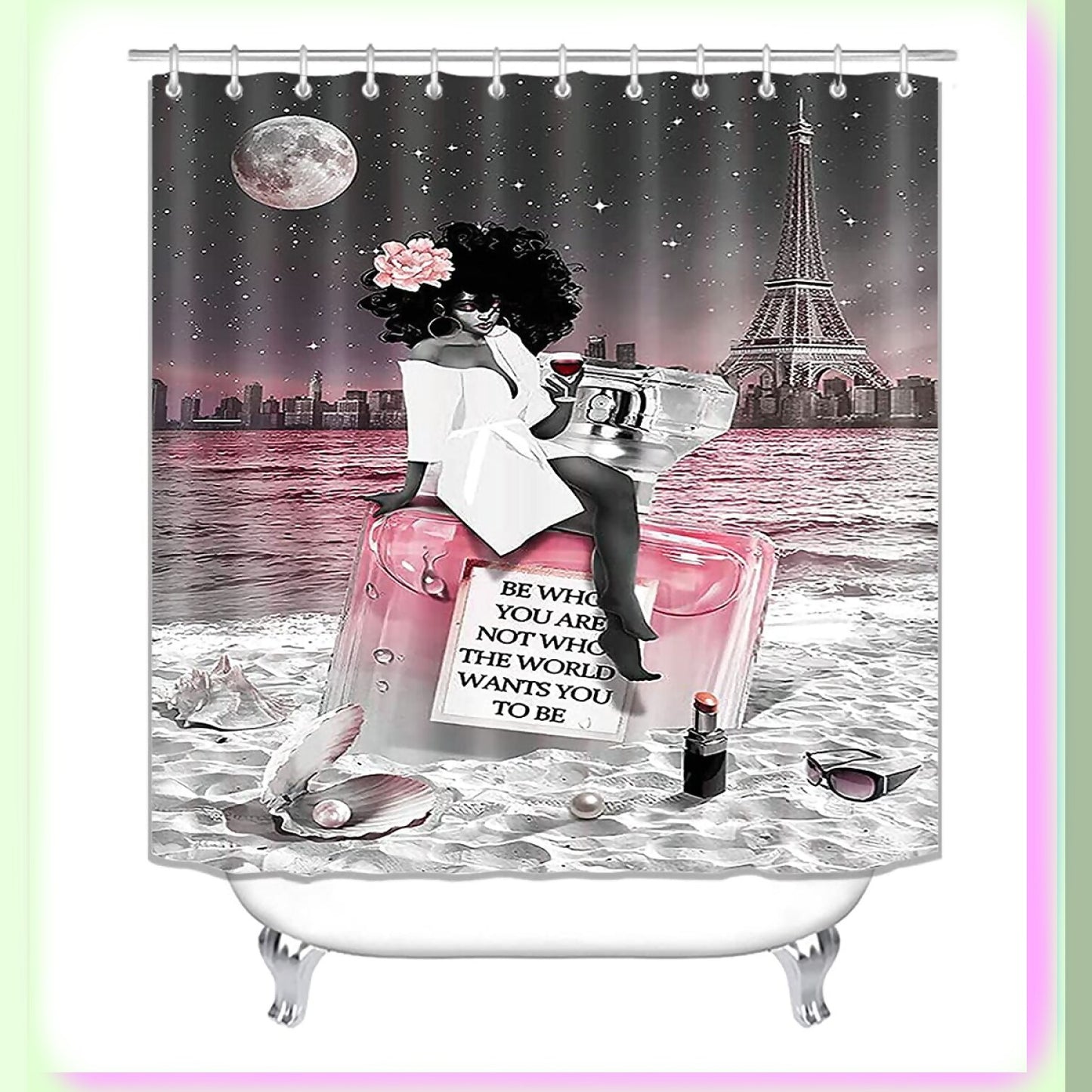 Black Girl Shower Curtain Set with Rugs and Hooks