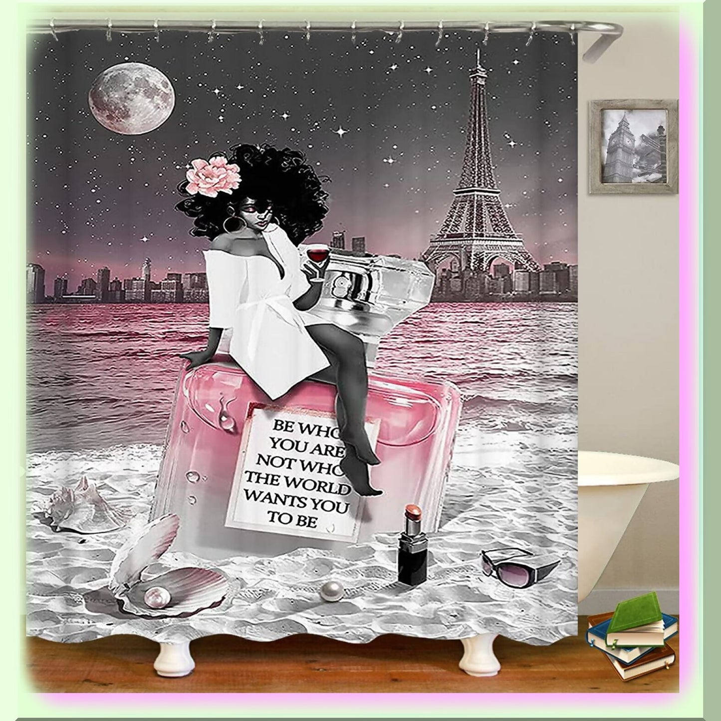 Black Girl Shower Curtain Set with Rugs and Hooks