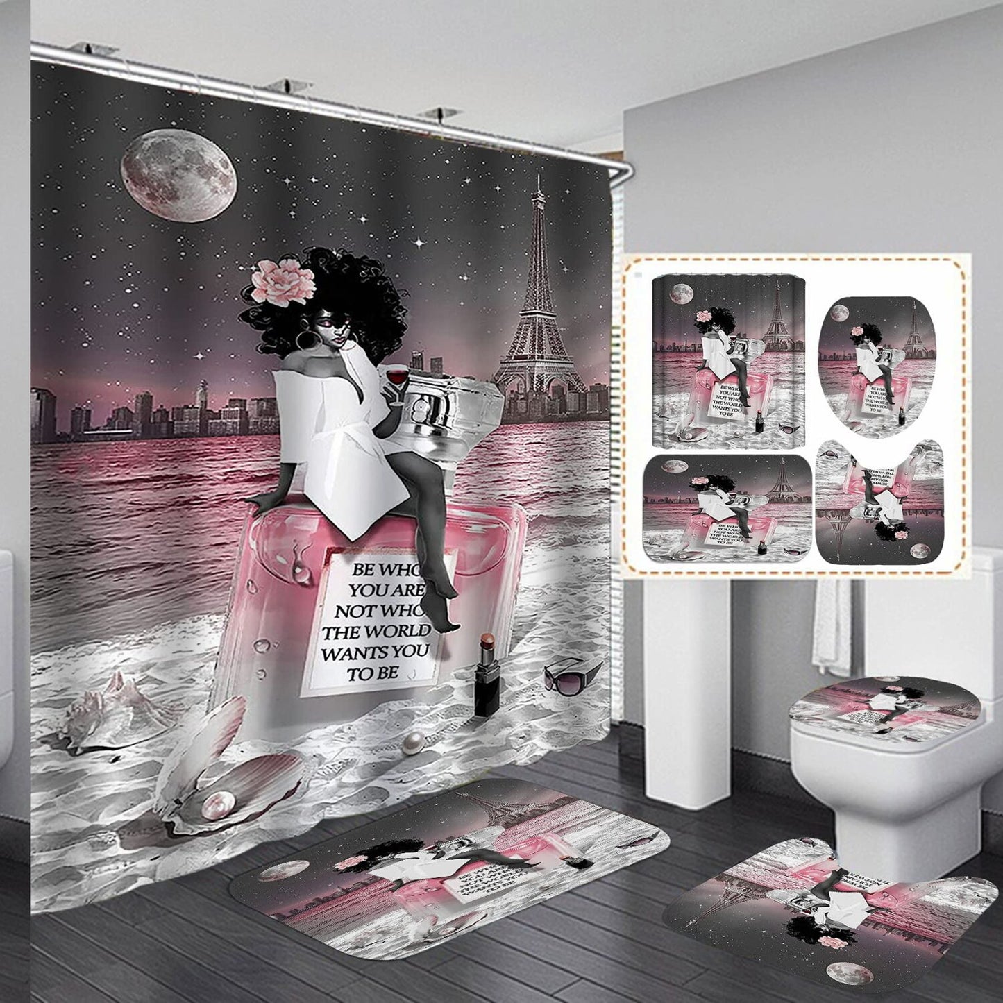Black Girl Shower Curtain Set with Rugs and Hooks