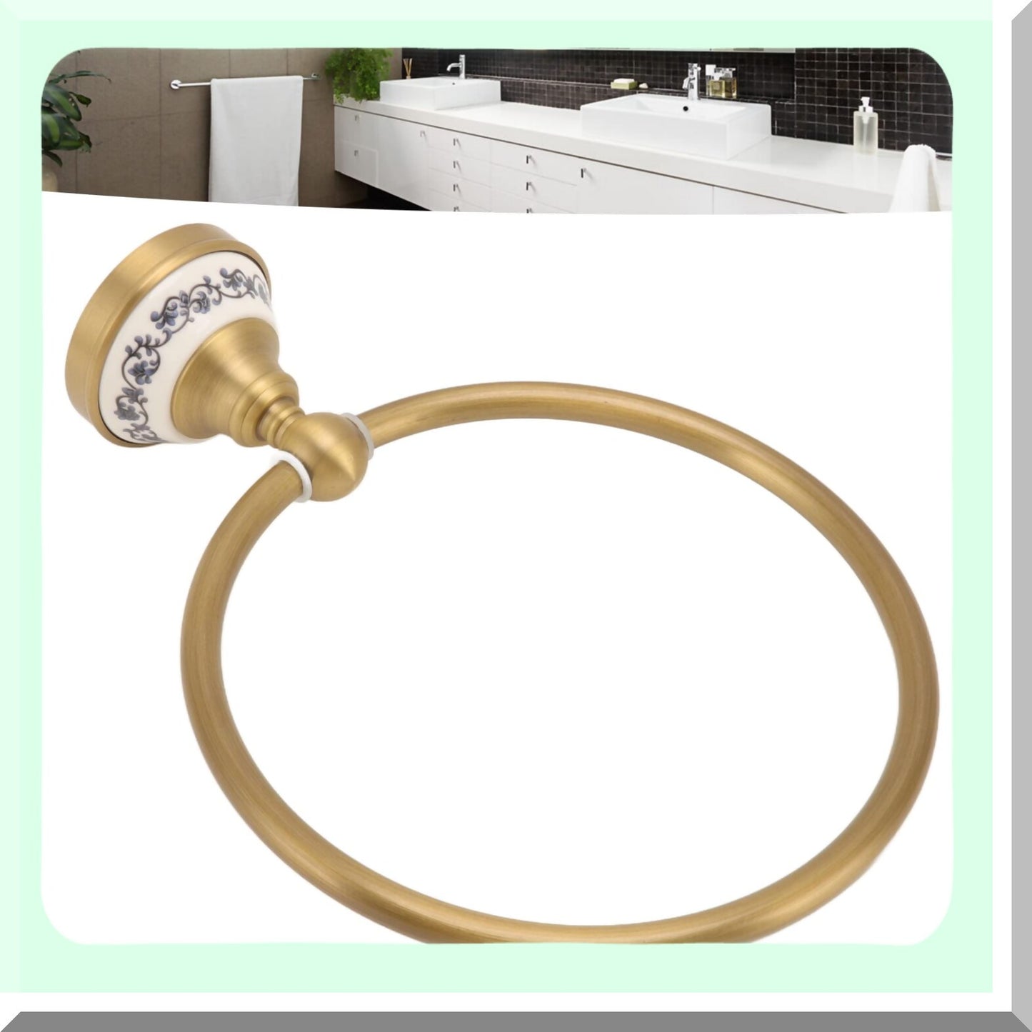 Round Bathroom Towel Ring with Blue and White Porcelain Decal