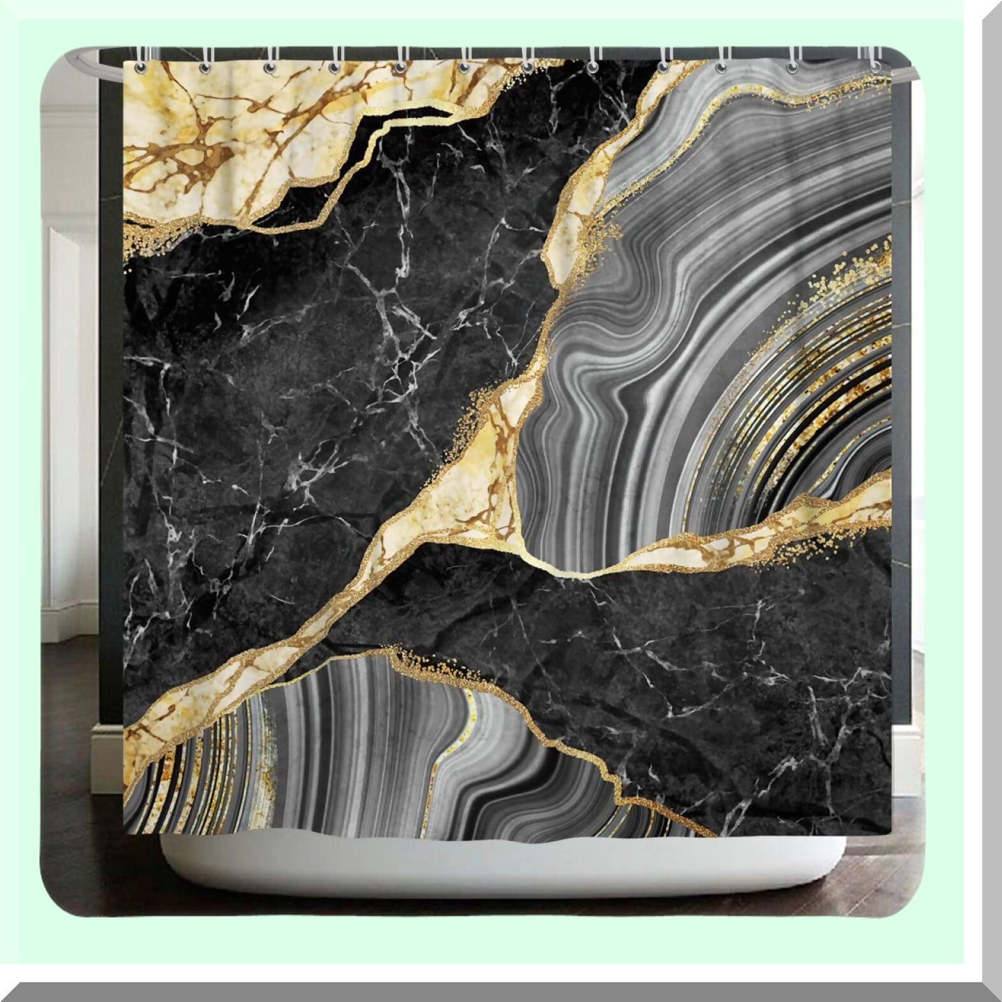 Marble Shower Curtain Black Grey Gold 72x72 inches