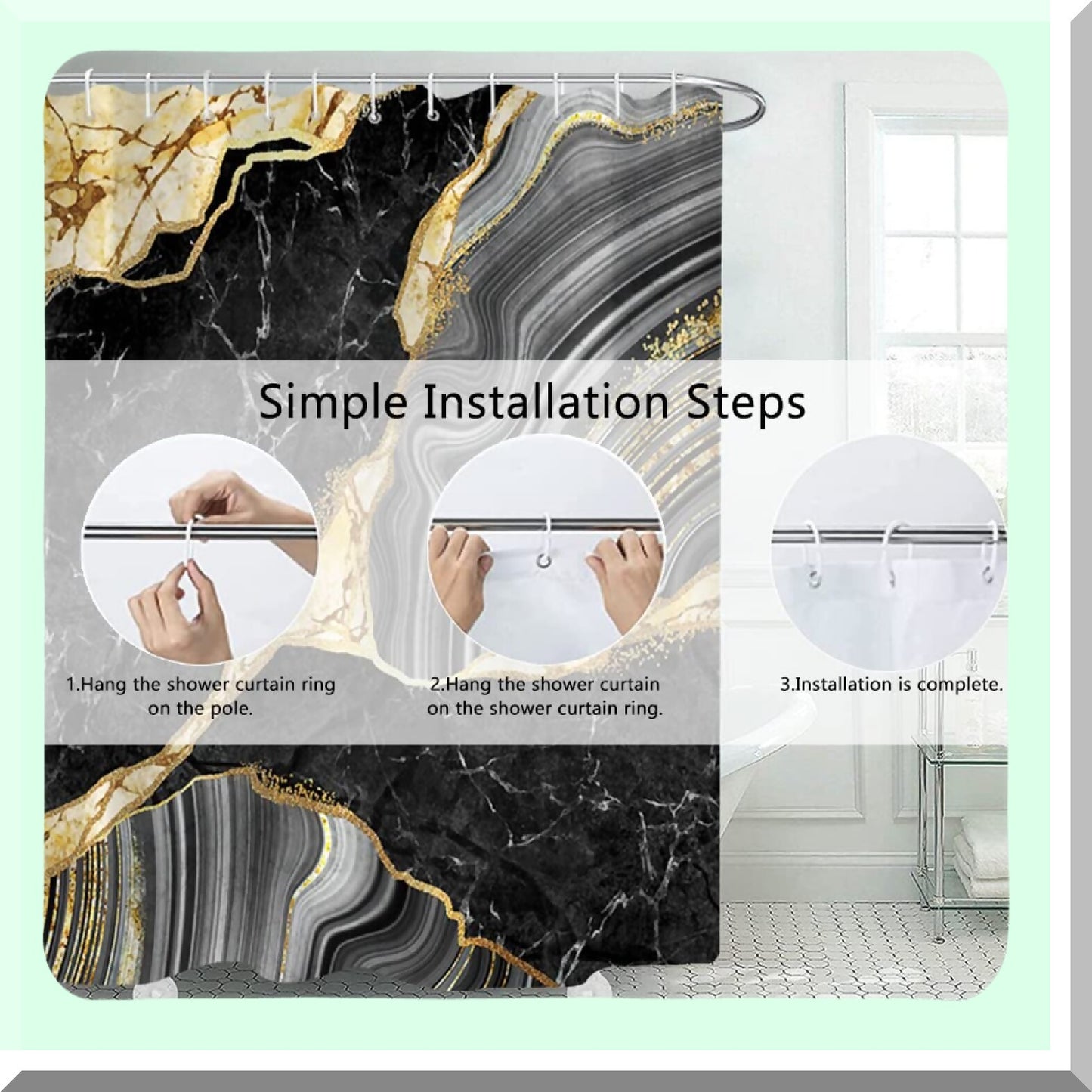 Marble Shower Curtain Black Grey Gold 72x72 inches
