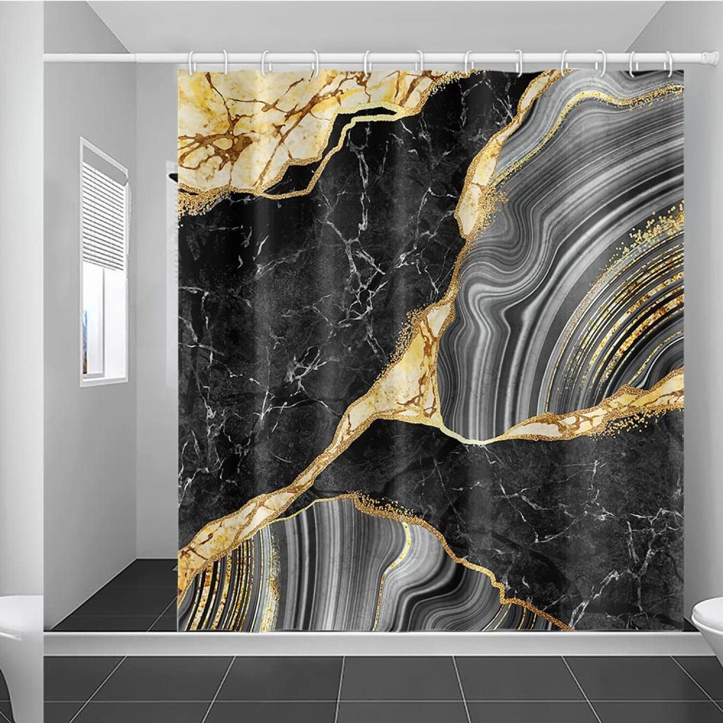 Marble Shower Curtain Black Grey Gold 72x72 inches