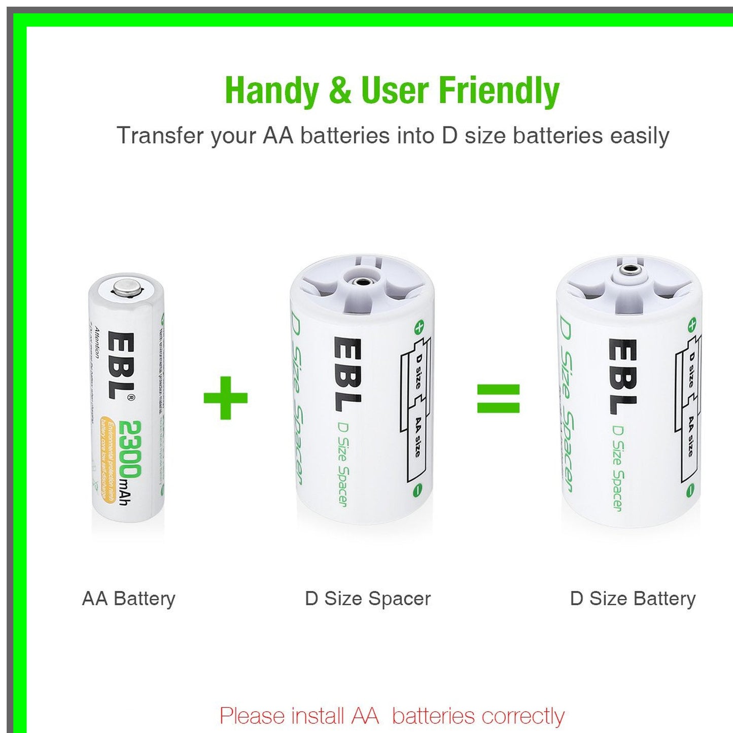 D Size Battery Adapter Set for AA Rechargeable Cells - 4 Pack Converter