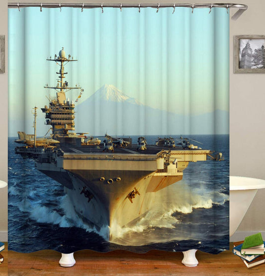 Big Navy Ship Fighter Jet Bathroom Shower Curtain Set