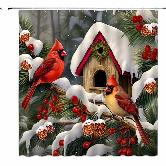 Xmas Red Bird Pine Branches Shower Curtain 70x70 Inches