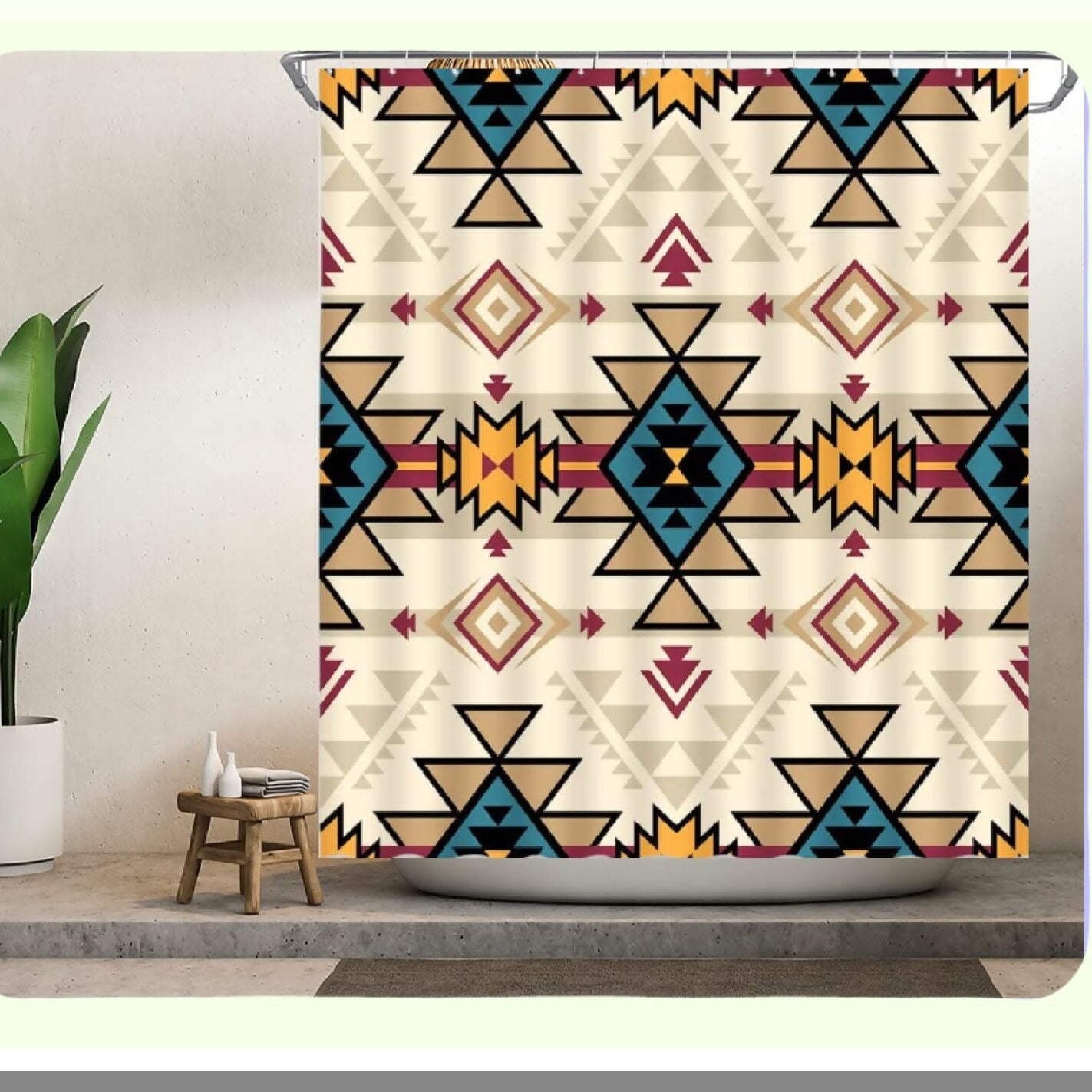 Aztec Tribal Shower Curtain Blue Tan Beige