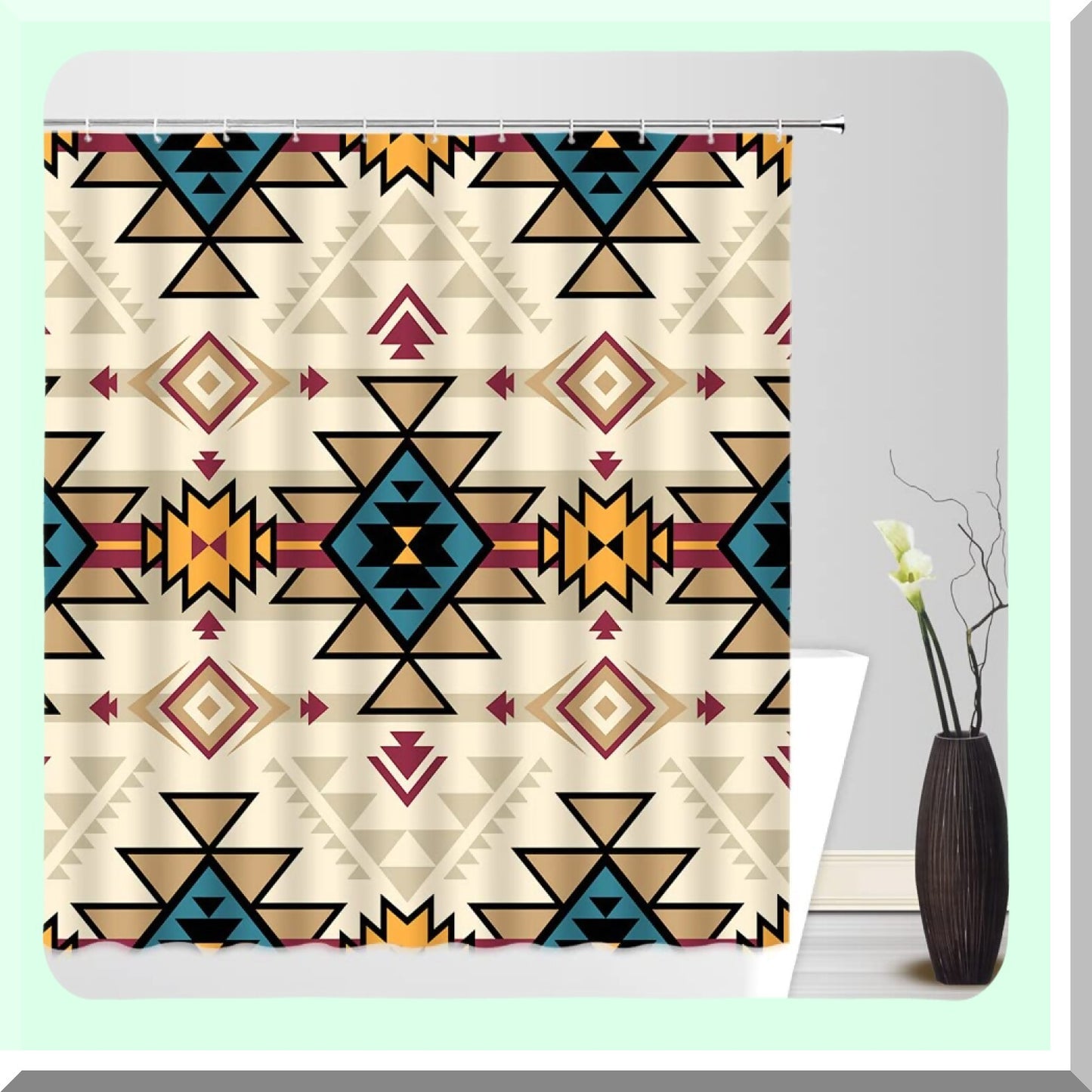 Aztec Tribal Shower Curtain Blue Tan Beige