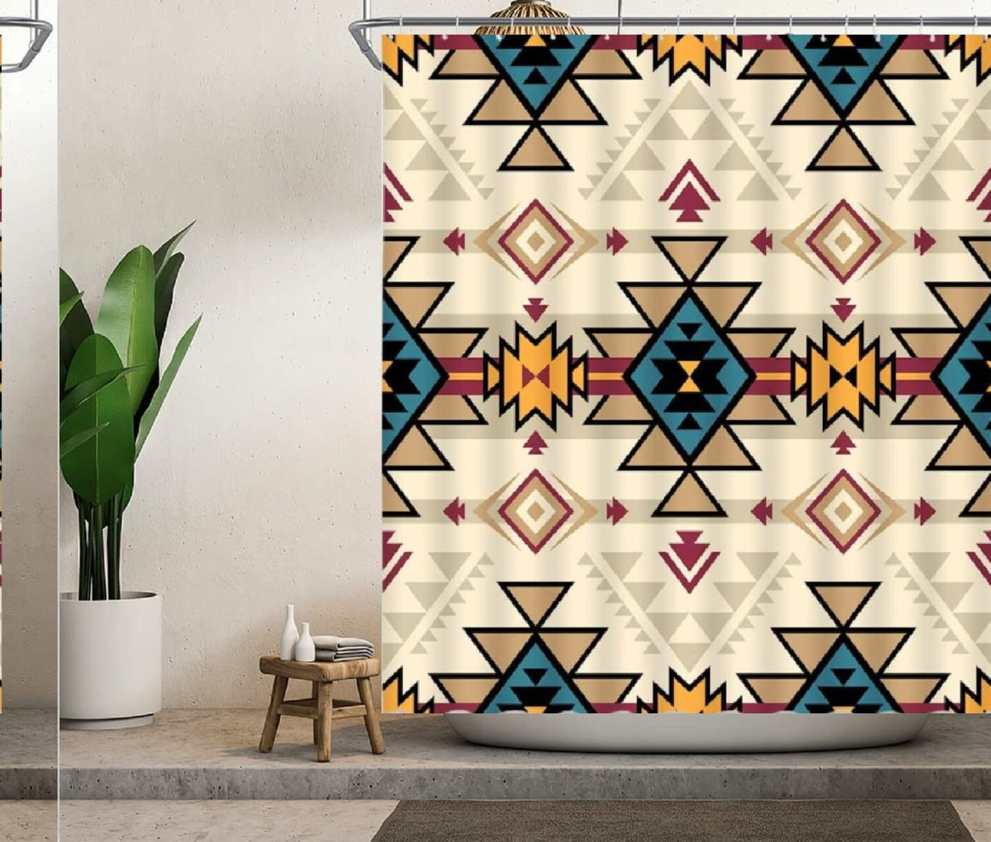 Aztec Tribal Shower Curtain Blue Tan Beige