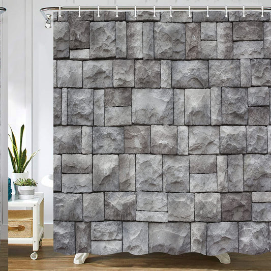Gray Rock Stone Wall Old Brick Shower Curtain Set
