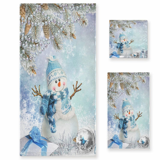 Winter Snowman Bathroom Towel Set of 3 Blue White Snow