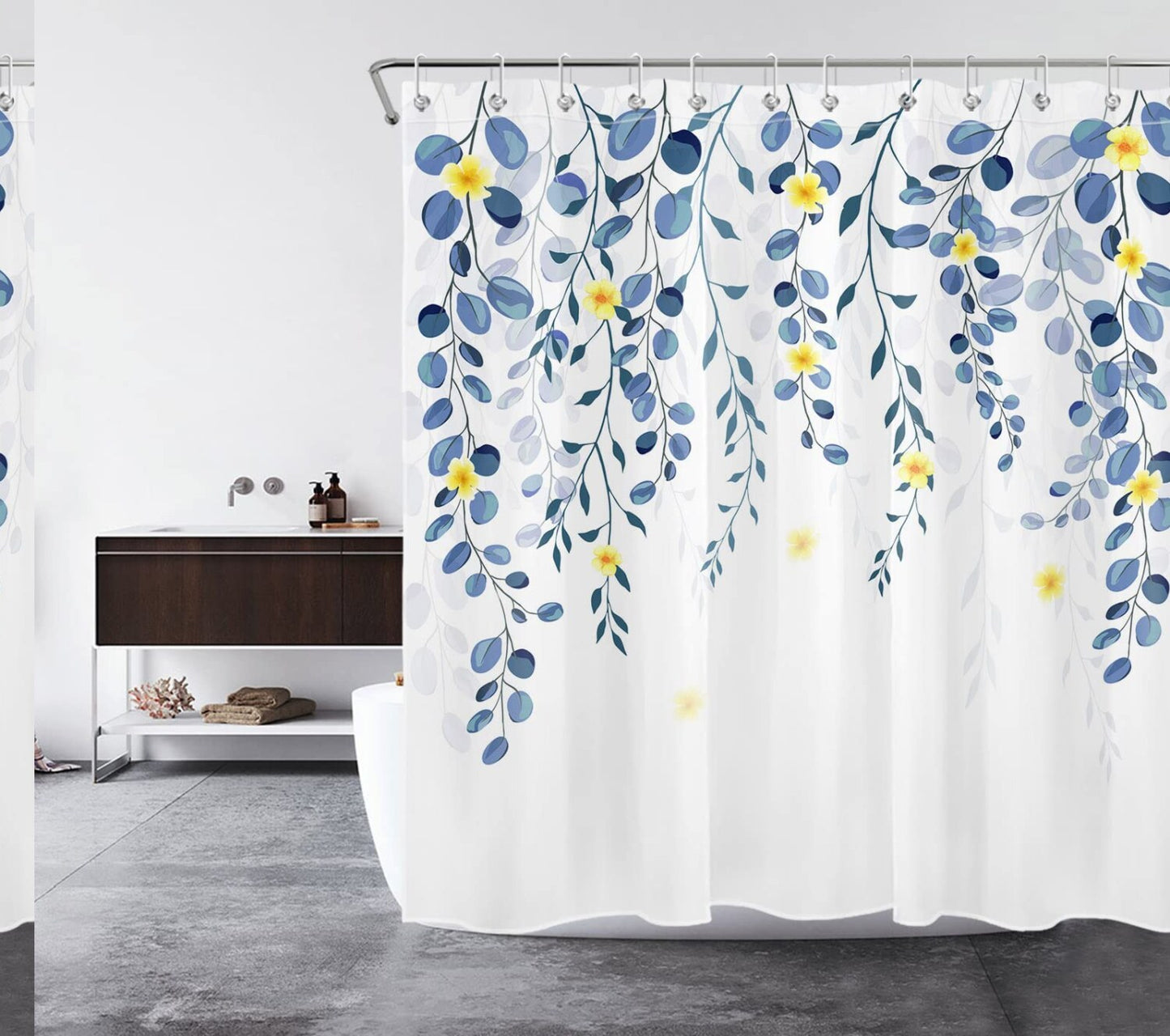 Leaves Floral Shower Curtain Blue Eucalyptus Yellow Flowers 72x79 Inches