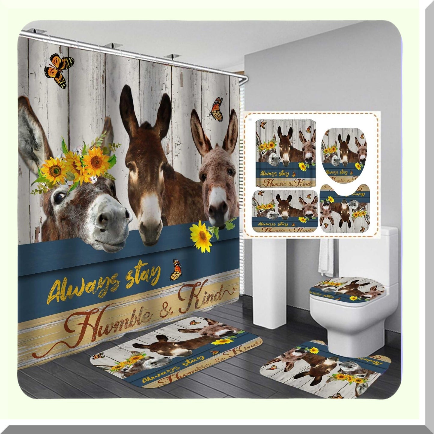 4PCS Donkey Shower Curtain Set with Bath Mats