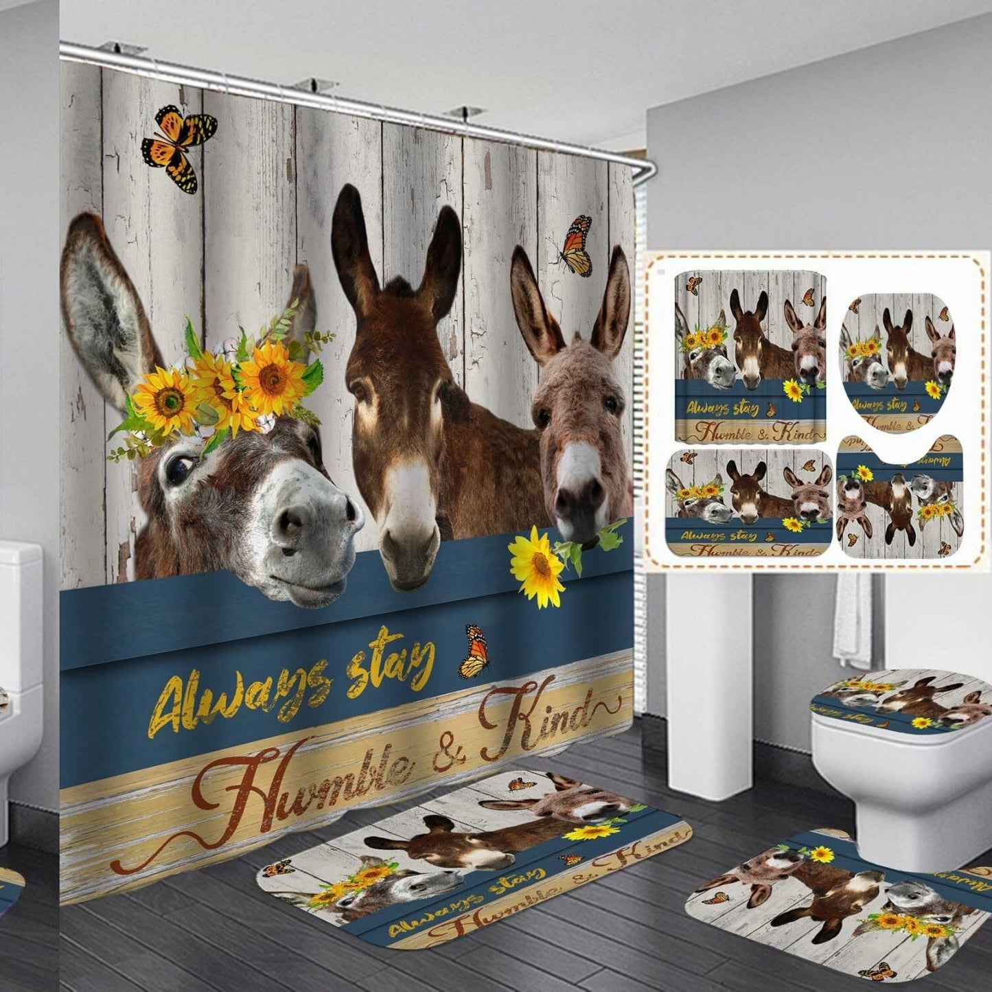 4PCS Donkey Shower Curtain Set with Bath Mats