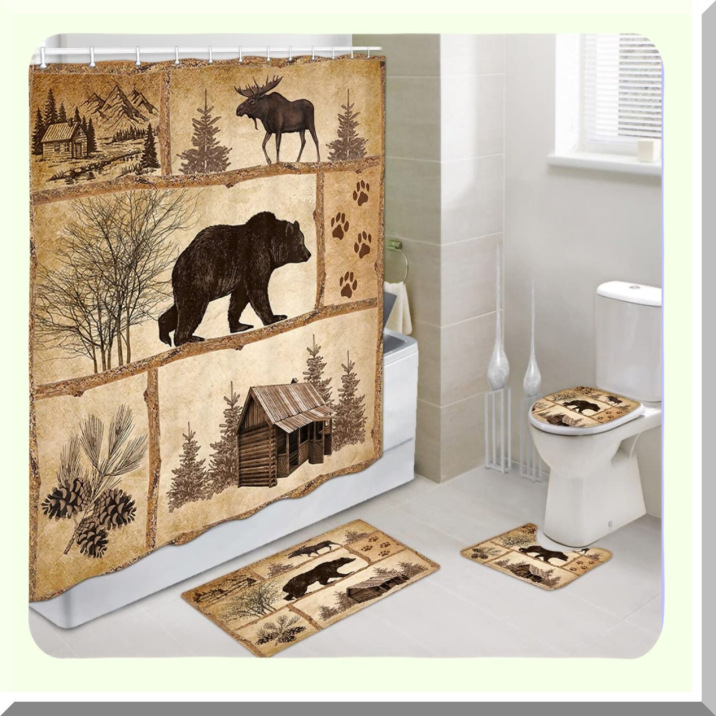 Rustic Bear and Moose Bathroom Curtain Set with Rugs