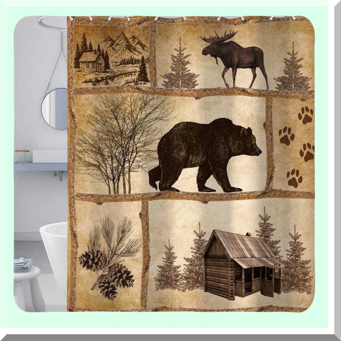 Rustic Bear and Moose Bathroom Curtain Set with Rugs