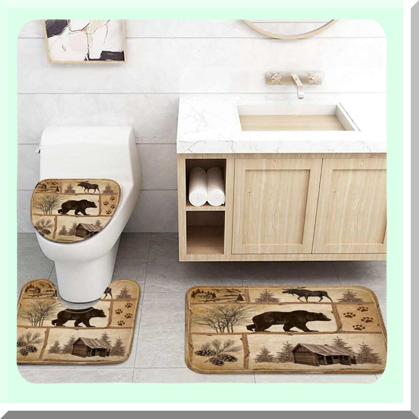 Rustic Bear and Moose Bathroom Curtain Set with Rugs