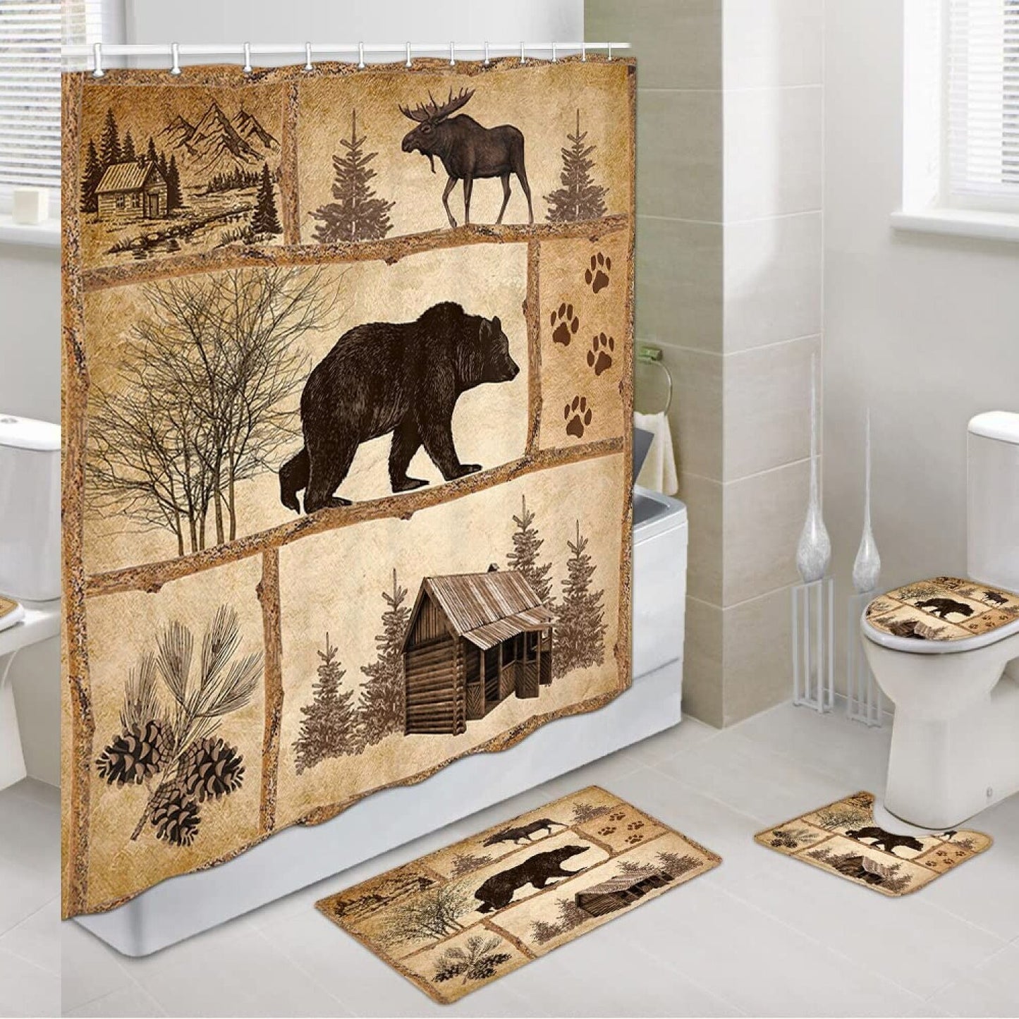 Rustic Bear and Moose Bathroom Curtain Set with Rugs