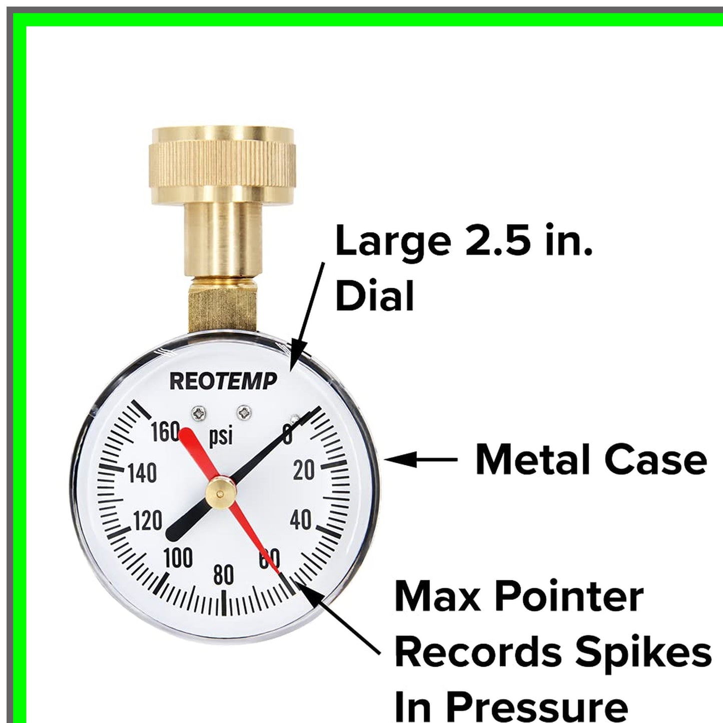 Home Water Pressure Test Gauge 0-160 PSI with Max Pointer and Hose Thread