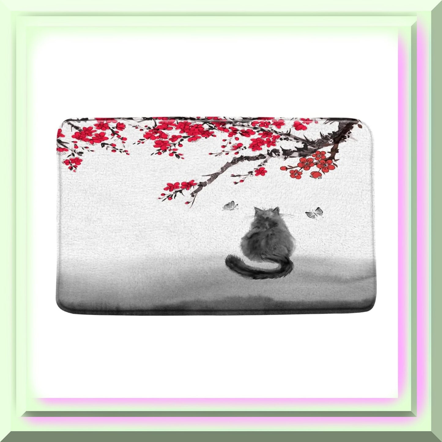 Cherry Blossom Bath Mat 18x30 Inch Microfiber Red Plum Black Cat