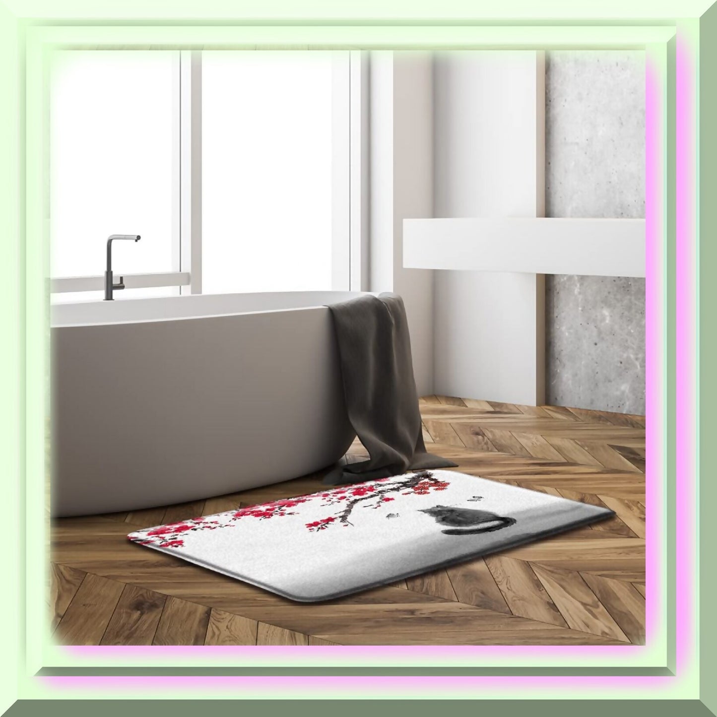 Cherry Blossom Bath Mat 18x30 Inch Microfiber Red Plum Black Cat
