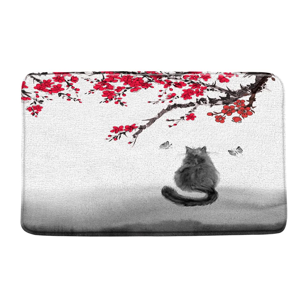 Cherry Blossom Bath Mat 18x30 Inch Microfiber Red Plum Black Cat