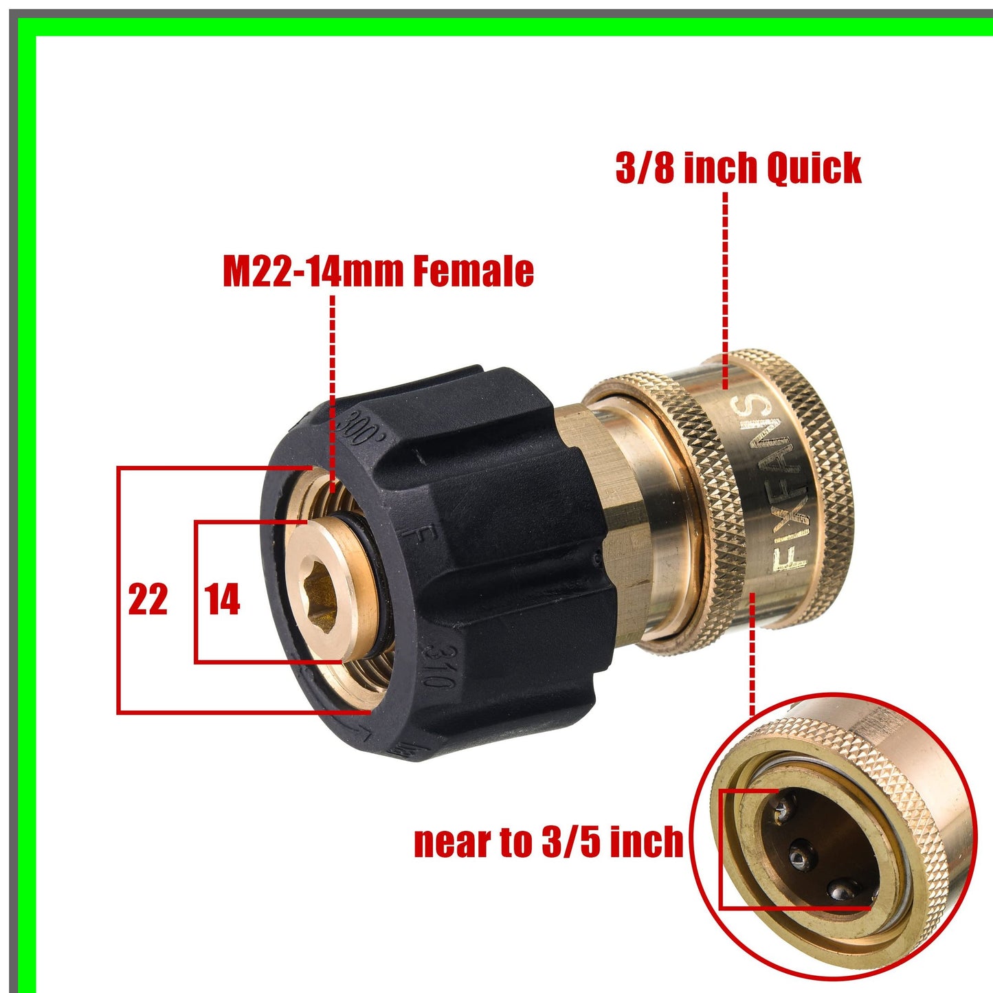 Quick Connect Pressure Washer Adapter, 3/8 Inch to M22 14mm, 5000PSI