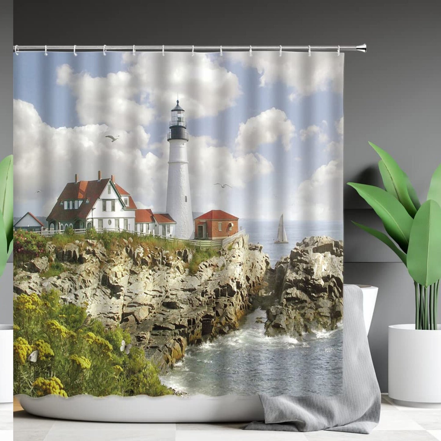 Lighthouse Ocean Scene Shower Curtain Polyester