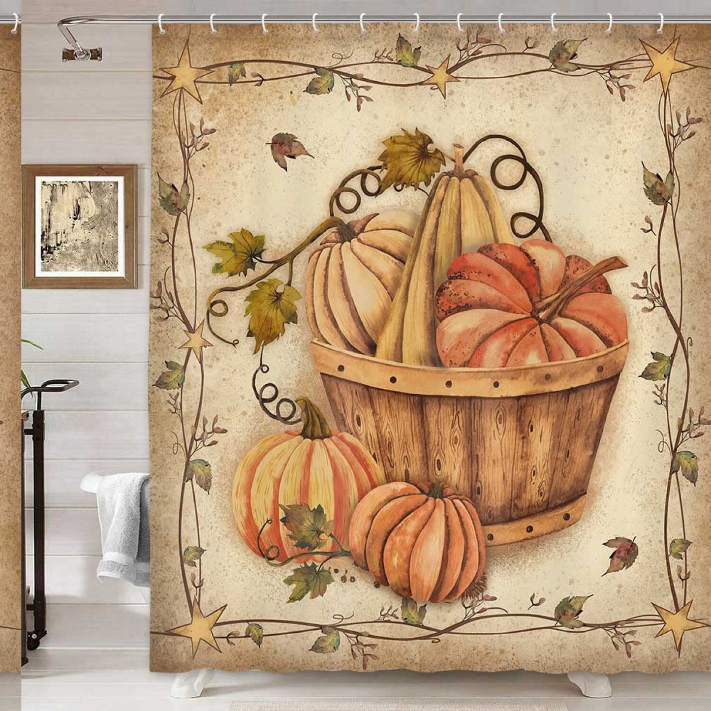 Fall Pumpkin Shower Curtain 70x70 Yellow Polyester with Hooks