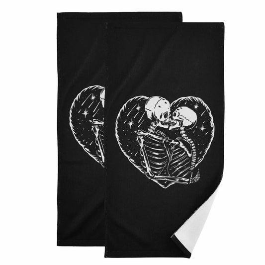Skull Skeleton Love Heart Black Hand Towels Set of 2