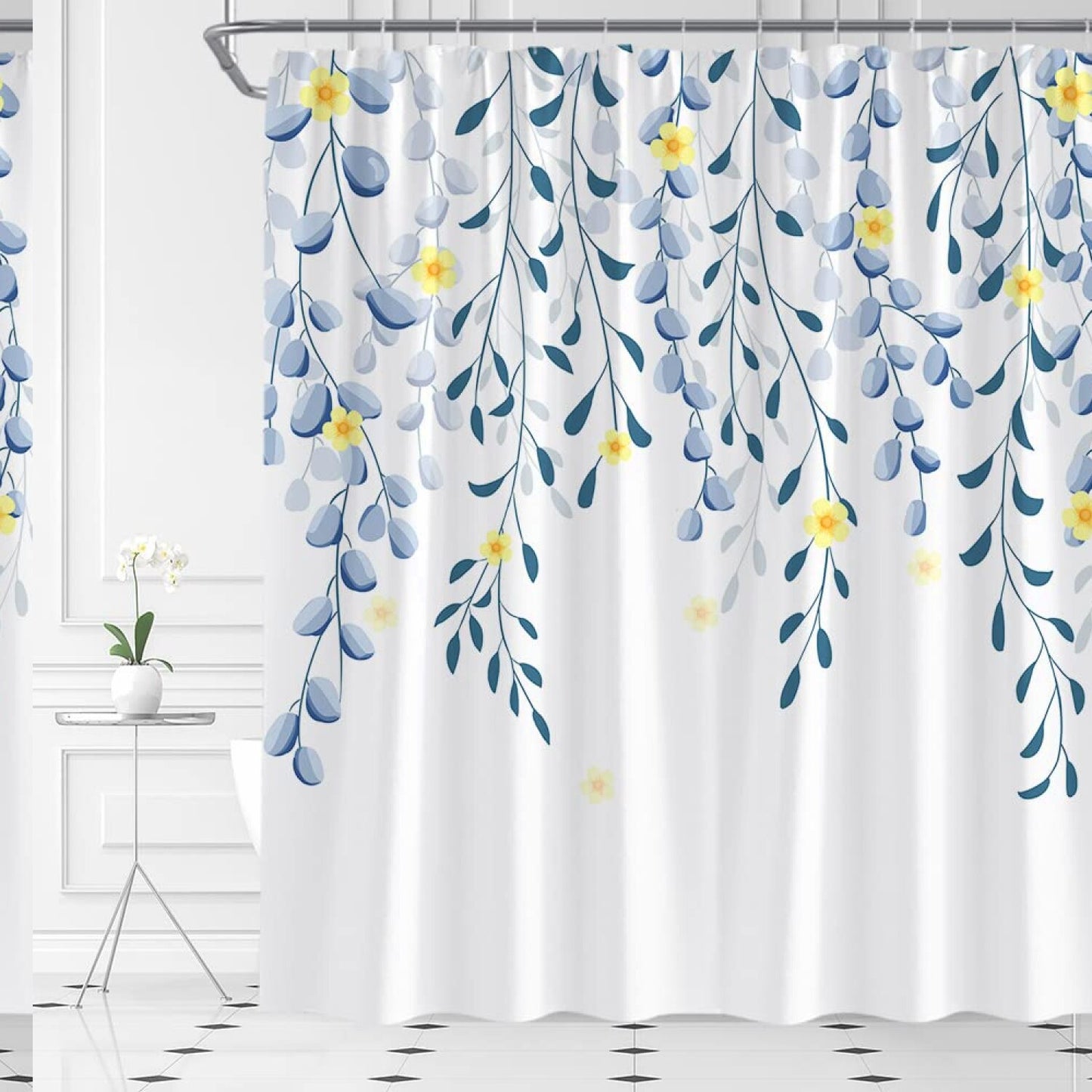 Blue Leaf Yellow Floral Watercolor Shower Curtain 70" x 70"