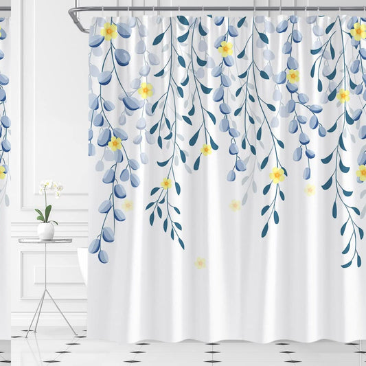 Blue Leaf Yellow Floral Watercolor Shower Curtain 70" x 70"