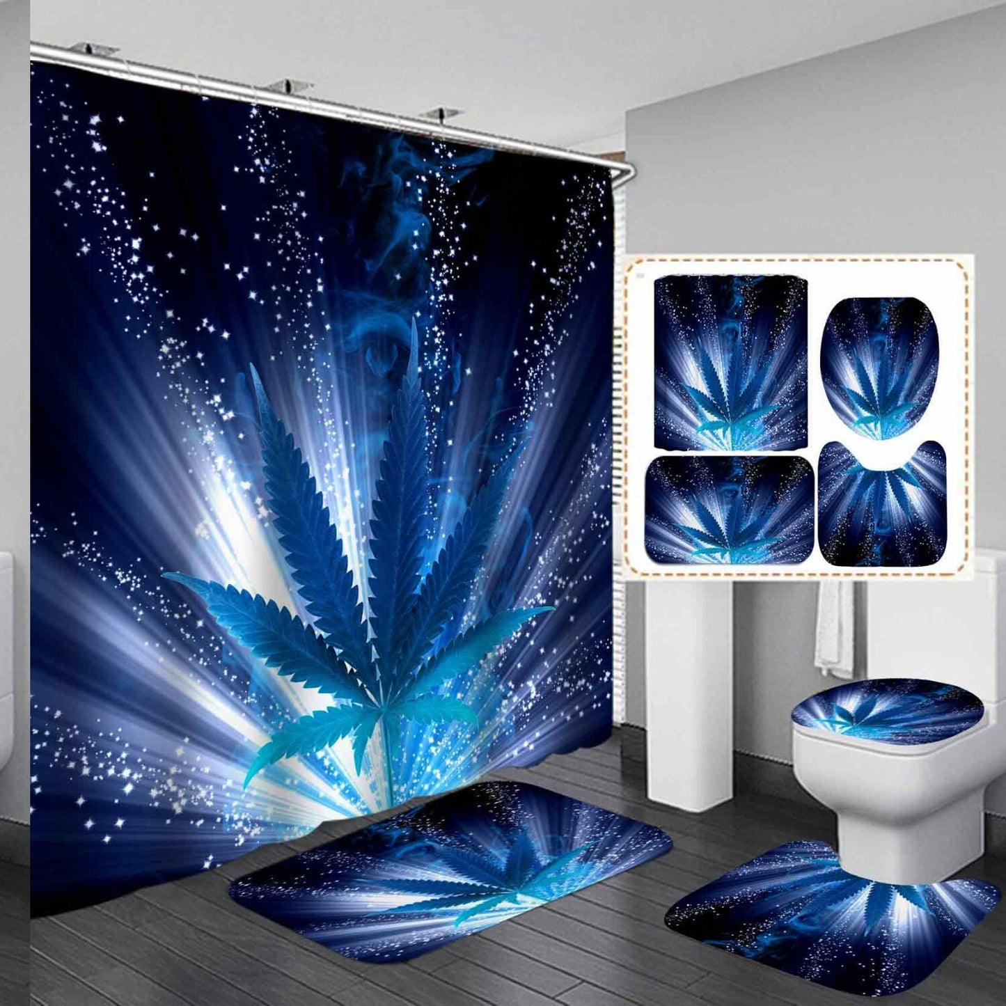 Starry Sky Blue Leaf Shower Curtain Set with Bath Rugs